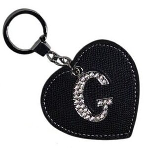 Initial Heart Keychains G Black Silver gem keychain heart faux leather monogram